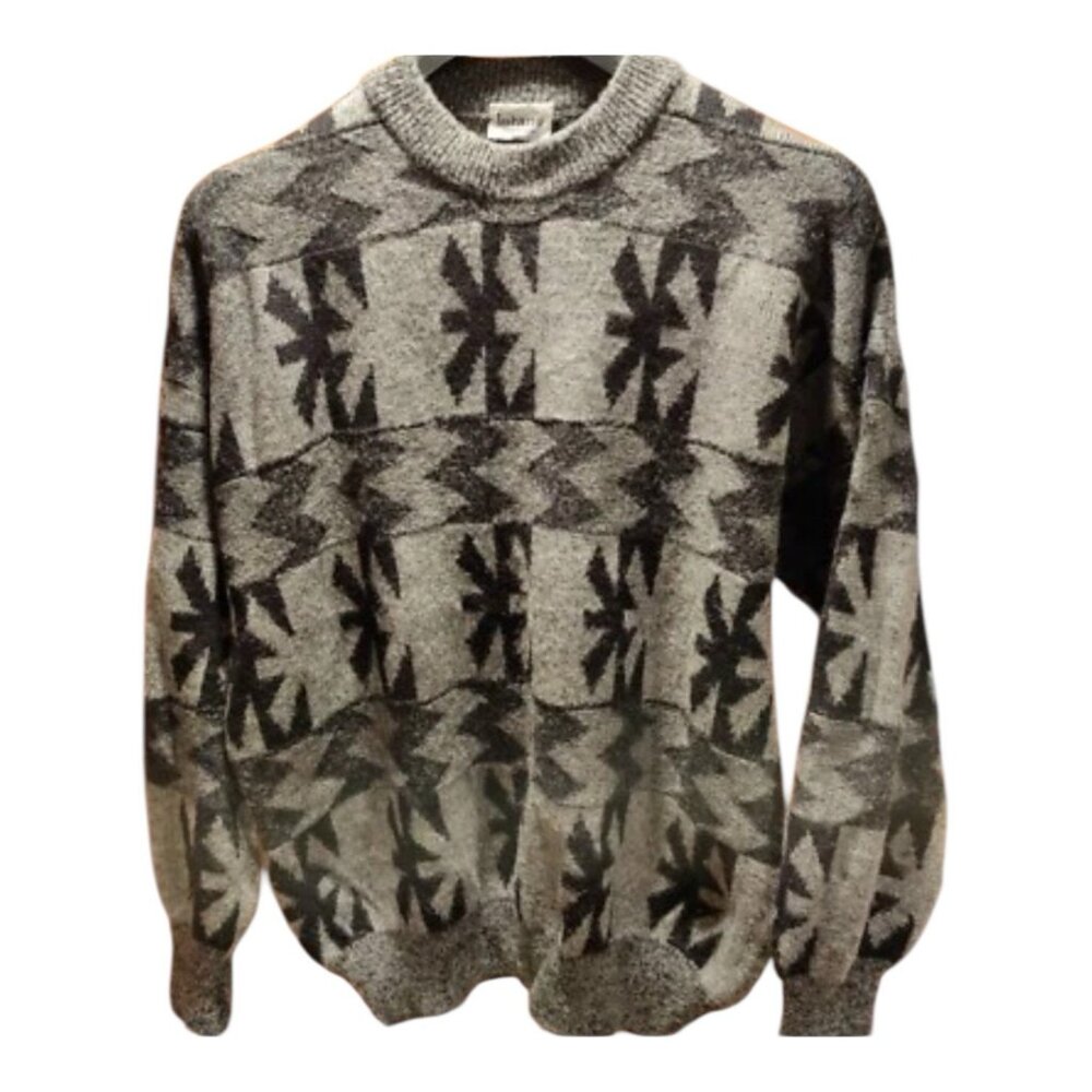 Vintage 90s Y2K Wool Mohair Sweater Gray Black Geometric Made in Italy XL Aztec